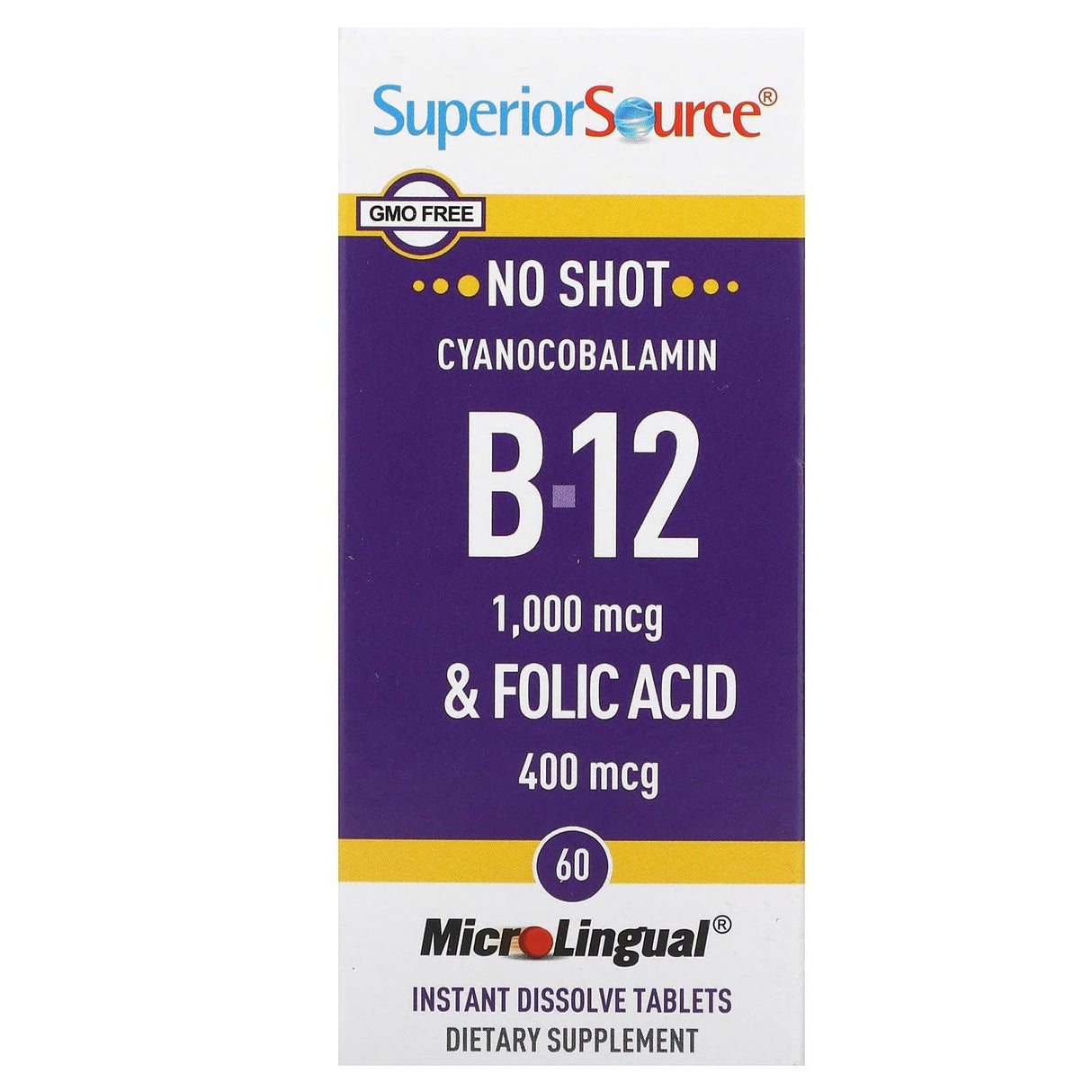 Superior Source, Cyanocobalamin B-12 & Folic Acid, 60 MicroLingual Instant Dissolve Tablets - Supply Center USA