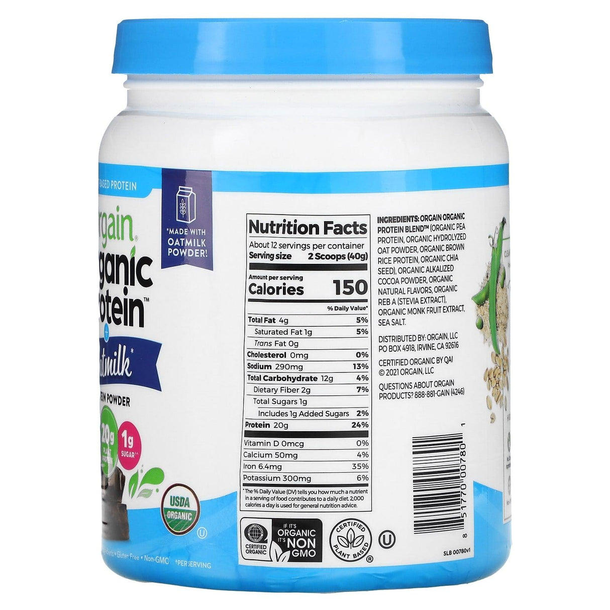 Orgain, Organic Protein Powder + Oatmilk, Plant Based, Chocolate, 1.05 lb (479 g) - Supply Center USA