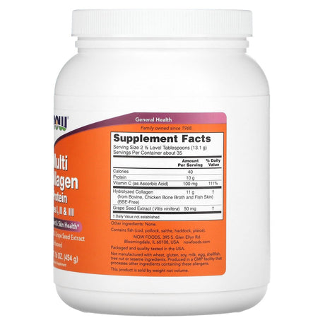 NOW Foods, Multi Collagen Protein, Type I, II & III, Unflavored, 16 oz (454 g) - Supply Center USA