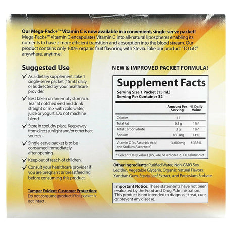 Aurora Nutrascience, Mega-Pack+ Vitamin C, 3,000 mg, 32 Packs, 0.5 fl oz (15 ml) Each - Supply Center USA