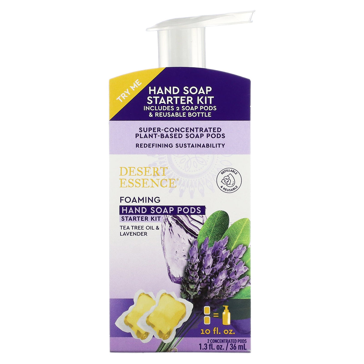 Desert Essence, Foaming Hand Soap Pods Starter Kit, Tea Tree Oil & Lavender, 2 Concentrated Pods, 1.3 fl oz (36 ml) + 1 Bottle, 10 fl oz (300 ml) - Supply Center USA