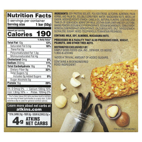 Atkins, Soft Baked Energy Bar, Vanilla Macadamia Nut, 5 Bars, 1.76 oz (50 g) Each - Supply Center USA