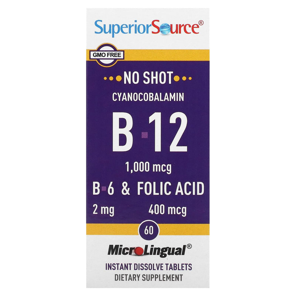 Superior Source, Cyanocobalamin & B-12 & B-6 & Folic Acid, 1,000 mcg & 2 mg & 400 mcg, 60 MicroLingual Instant Dissolve Tablets - Supply Center USA