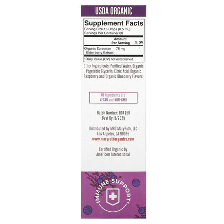 MaryRuth's, Organic Kids Elderberry Liquid Drops, 4-13 Years, Blueberry + Raspberry, 1 fl oz (30 ml) - Supply Center USA