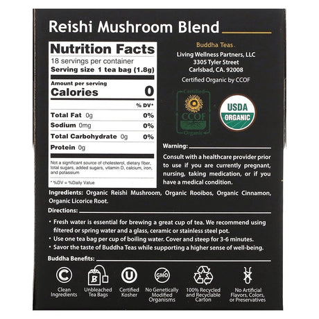 Buddha Teas, Organic Herbal Tea, Reishi Mushroom Blend, Caffeine Free, 18 Tea Bags, 1.14 oz (32 g) - Supply Center USA