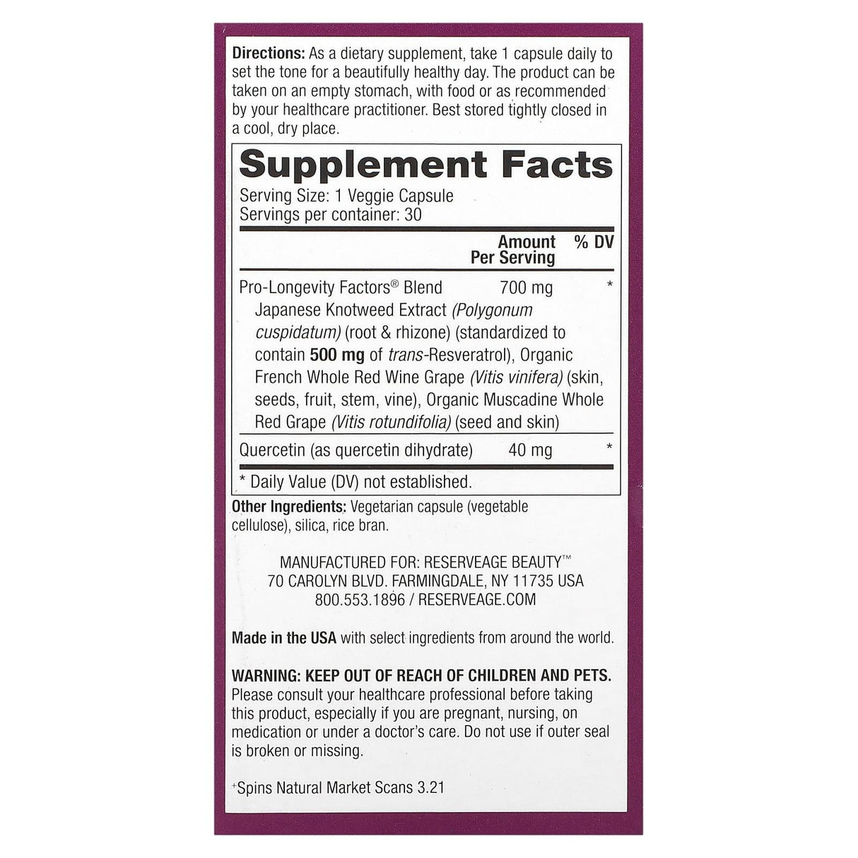 Reserveage Nutrition, Resveratrol, 4-Hour Sustained Release, 500 mg, 30 Veggie Capsules - Supply Center USA