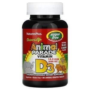 Nature's Plus, Source of Life, Animal Parade, Vitamin D3, Sugar Free, Natural Black Cherry, 12.5 mcg (500 IU), 90 Animal-Shaped Tablets - Supply Center USA