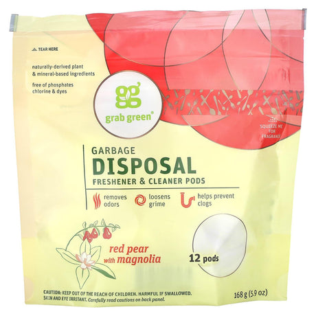 Grab Green, Garbage Disposal Freshener & Cleaner, Red Pear with Magnolia, 12 Pods, 5.9 oz (168 g) - Supply Center USA