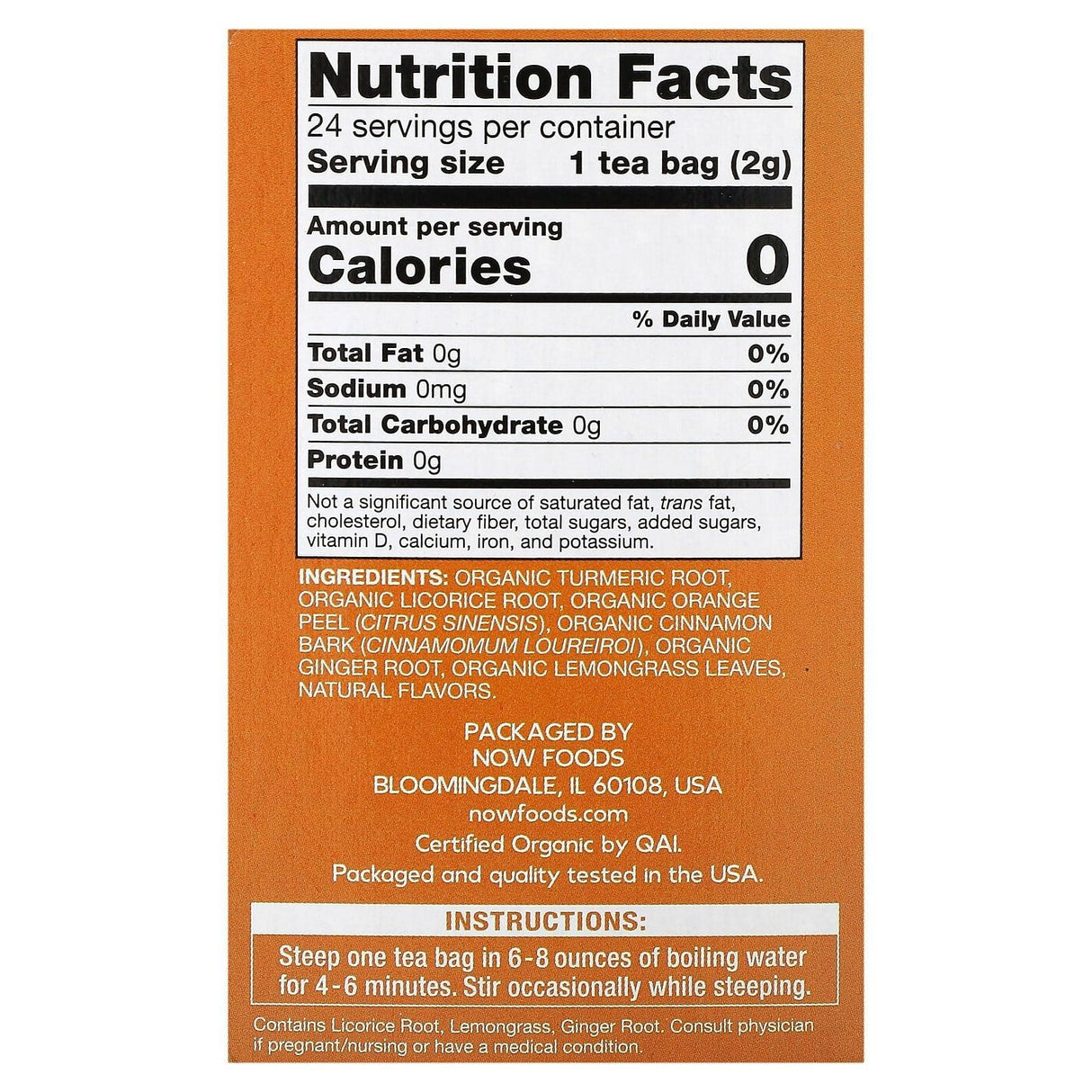 NOW Foods, Organic Turmeric Ginger, Caffeine Free , 24 Tea Bags, 1.7 oz (48 g) - Supply Center USA