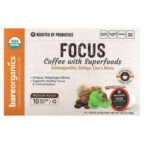 BareOrganics, Focus, Coffee with Superfoods, Medium Roast, 10 Cups, 0.38 oz (10.9 g) Each - Supply Center USA