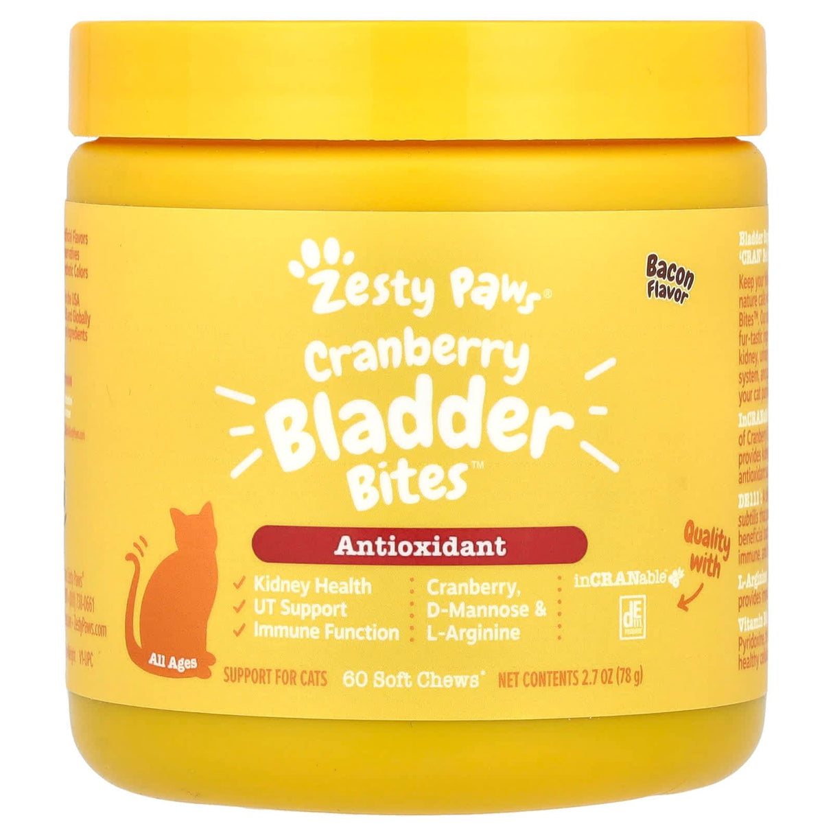 Zesty Paws, Cranberry Bladder Bites™, For Cats, All Ages, Bacon, 60 Soft Chews, 2.7 oz (78 g) - Supply Center USA