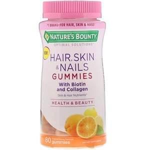 Nature's Bounty, Optimal Solutions, Hair, Skin, & Nails with Biotin and Collagen, Tropical Citrus Flavored, 80 Gummies - Supply Center USA