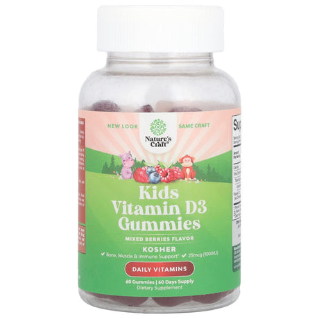 Nature's Craft, Kids Vitamin D3 Gummies, Mixed Berries, 25 mcg (1,000 IU), 60 Gummies - Supply Center USA