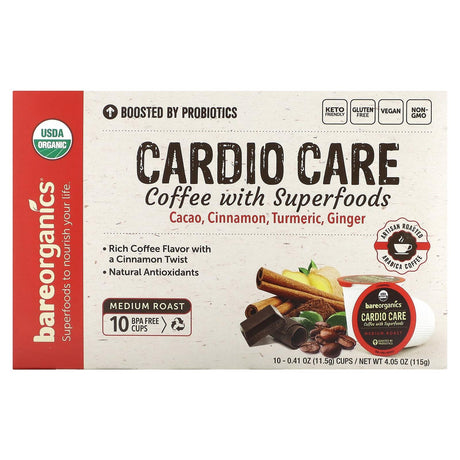 BareOrganics, Cardio Care, Coffee with Superfoods, Medium Roast, 10 Cups, 0.41 oz (11.5 g) Each - Supply Center USA