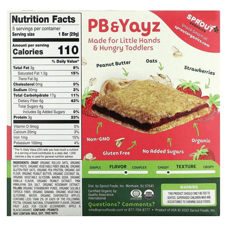 Sprout Organics, PB & Yayz, Organic Snack Sized Sandwich Bar, Peanut Butter & Banana, 5 Bars, 1.02 oz (29 g) Each - Supply Center USA