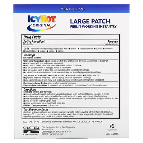 Icy Hot, Original Pain Relief Patch, Large, 5 Patches - Supply Center USA