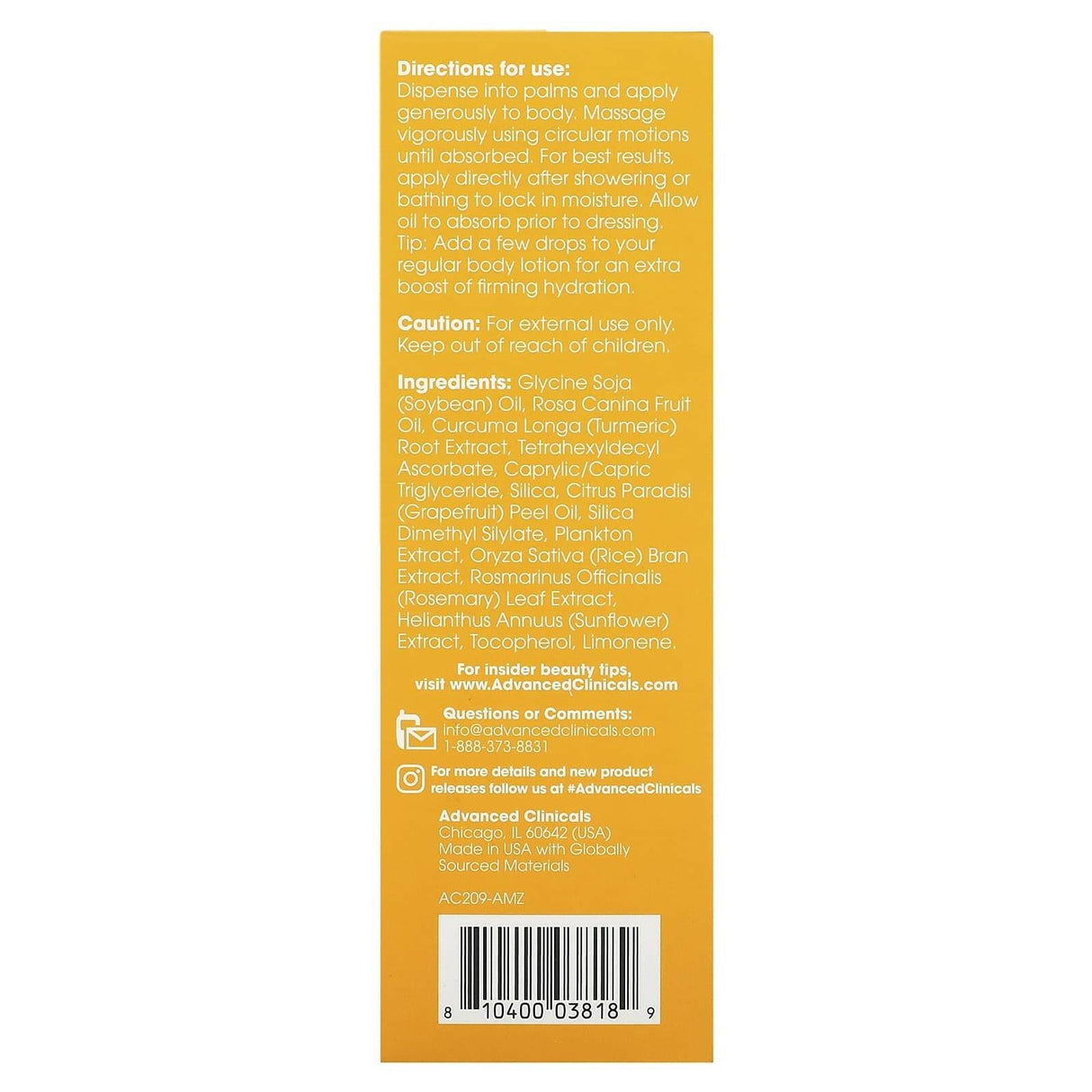 Advanced Clinicals, Vitamin C, Brightening Body Oil, 3.8 fl oz (112 ml) - Supply Center USA