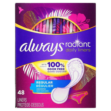 Always, Radiant Daily Liners, Regular, Unscented, 48 Liners - Supply Center USA