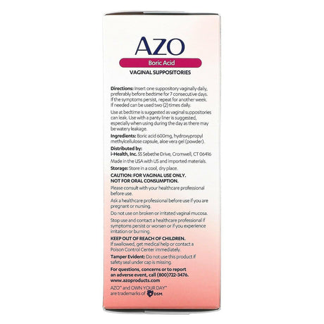 Azo, Boric Acid, Vaginal Suppositories, 600 mg, 30 Suppositories - Supply Center USA