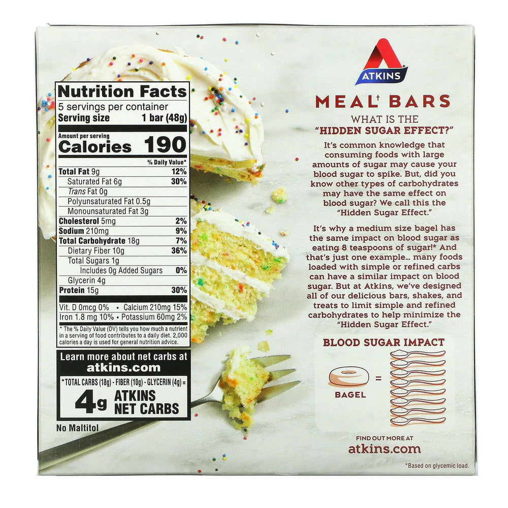 Atkins, Protein Meal Bar, Birthday Cake Bar, 5 Bars, 1.69 oz (48 g) Each - HealthCentralUSA