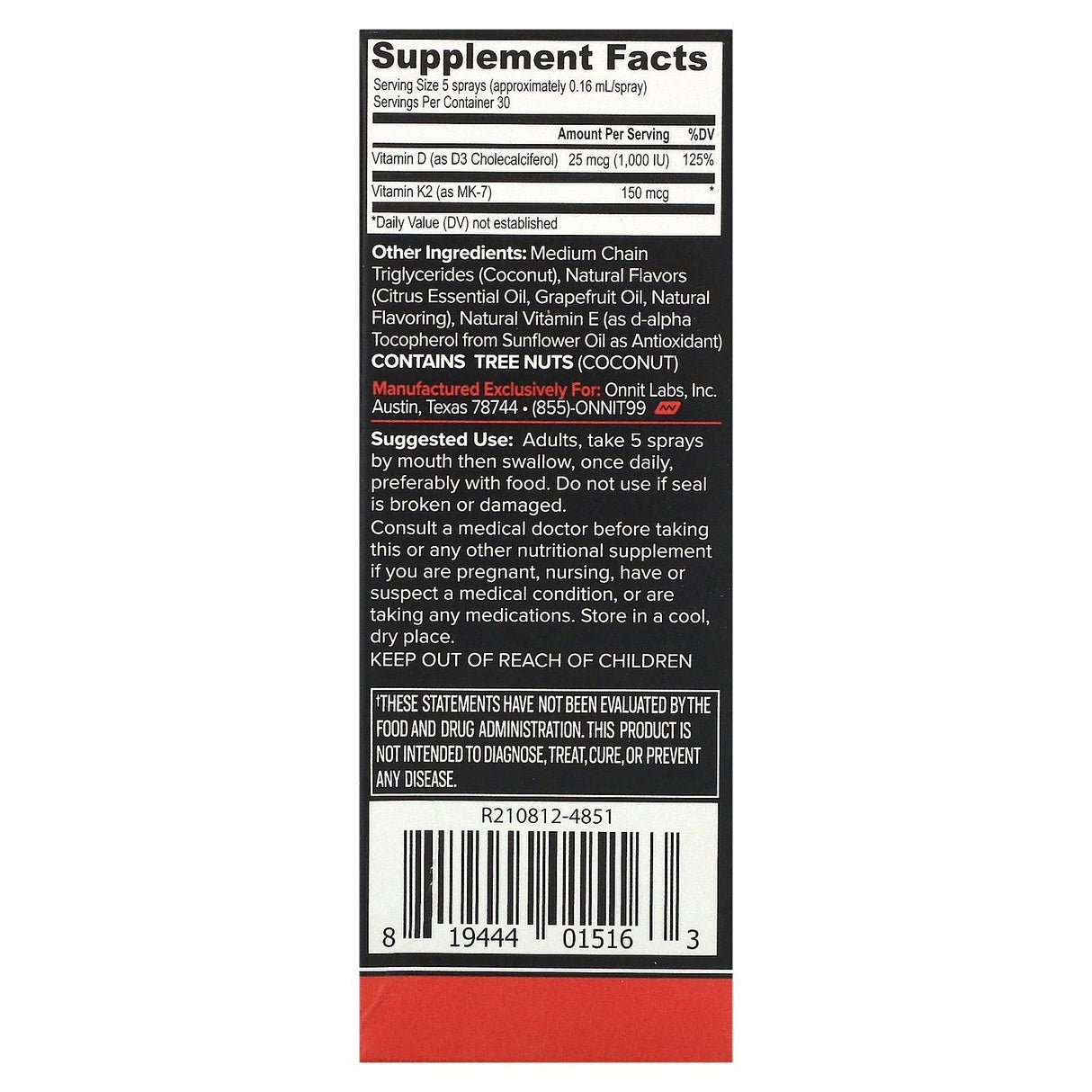 Onnit, Plant Based Vitamin D3 with Vitamin K2, Grapefruit, 25 mcg (1,000 IU), 0.8 fl oz (24 ml) - Supply Center USA