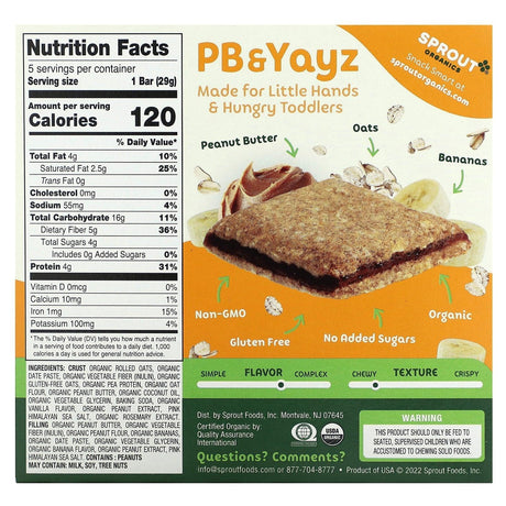 Sprout Organics, PB & Yayz, Organic Snack Sized Sandwich Bar, Peanut Butter & Banana, 5 Bars, 1.02 oz (29 g) Each - Supply Center USA