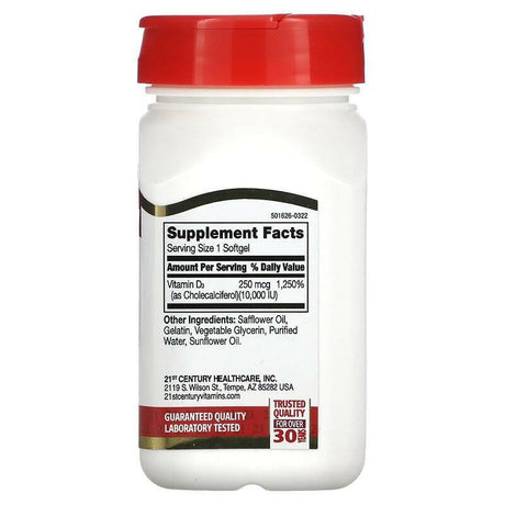 21st Century, Vitamin D3, 250 mcg (10,000 IU), 110 Rapid Release Softgels - Supply Center USA