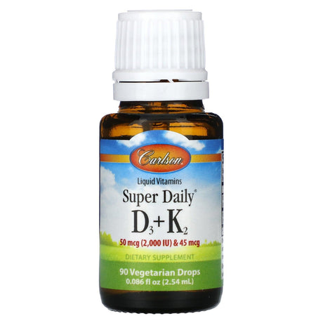 Carlson, Super Daily D3 + K2, 50 mcg (2,000 IU) & 45 mcg, 90 Vegetarian Drops, 0.086 fl oz (2.54 ml) - Supply Center USA