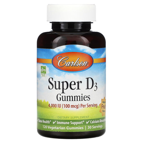 Carlson, Super D3 Gummies, Natural Fruit , 25 mcg (1,000 IU), 120 Vegetarian Gummies - Supply Center USA