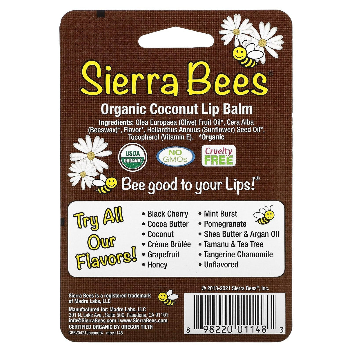 Sierra Bees, Organic Lip Balms, Coconut, 4 Pack, 0.15 oz (4.25 g) Each - Supply Center USA