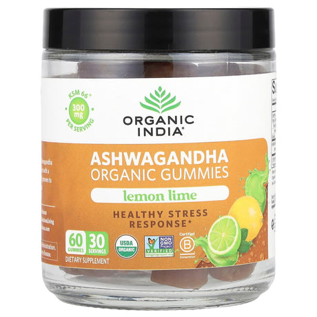 Organic India, Organic Ashwagandha Gummies, Lemon Lime, 300 mg, 60 Gummies (150 mg Per Gummy) - Supply Center USA