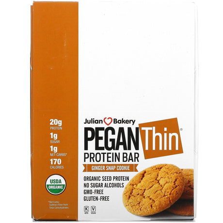 Julian Bakery, Pegan Thin Protein Bar, Ginger Snap Cookie, 12 Bars, 2.28 oz (64.7 g) Each - Supply Center USA