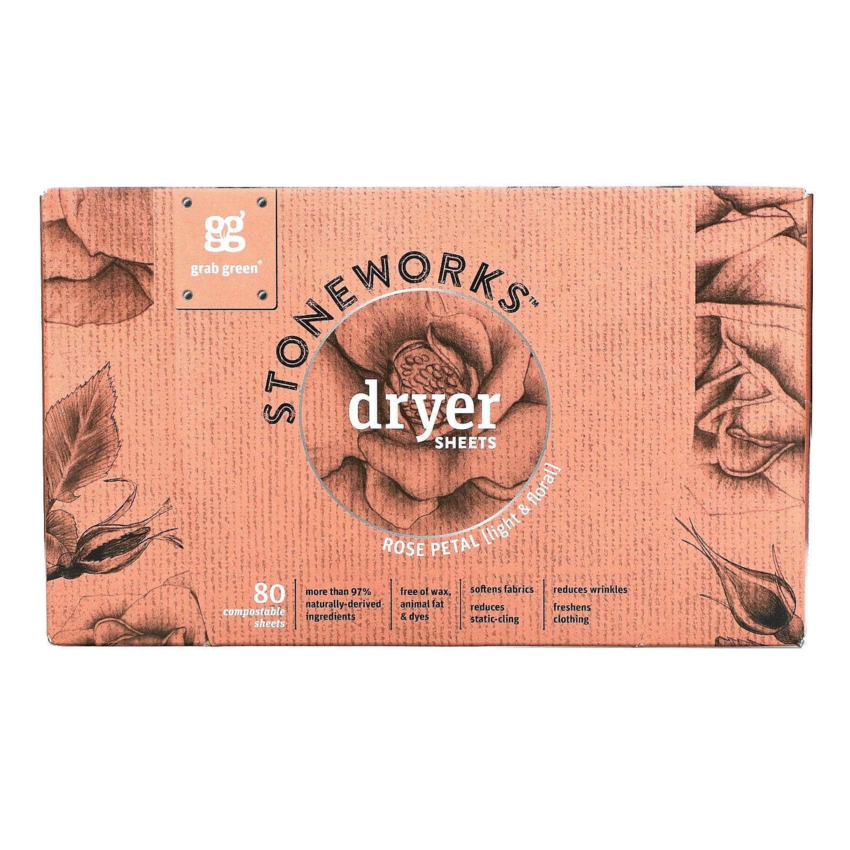 Grab Green, Stoneworks, Dryer Sheets, Rose Petal, 80 Compostable Sheets - Supply Center USA