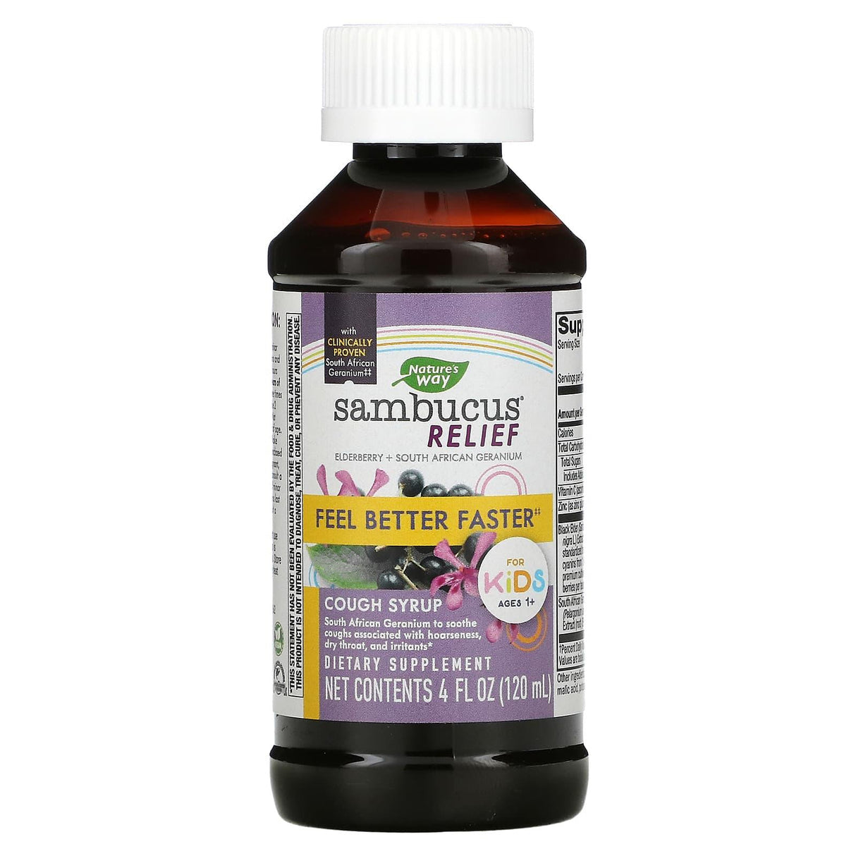 Nature's Way, Sambucus Relief, Cough Syrup, For Kids, Ages 1+, Elderberry, 4 fl oz (120 ml) - Supply Center USA