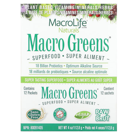 Macrolife Naturals, Macro Greens, Superfood, 12 Packets, 0.3 oz (9.4 g) Each - Supply Center USA