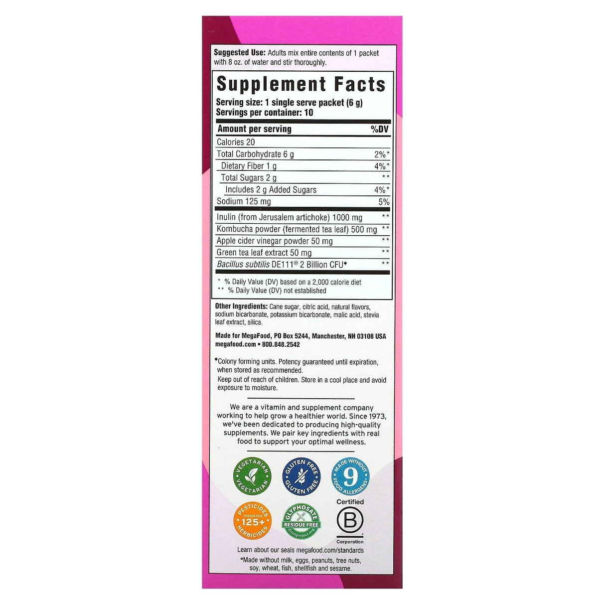 MegaFood, Digestive Health, Water Enhancer, Guava Passion Fruit Kombucha, 10 Packets, 0.21 oz (6 g) Each - Supply Center USA