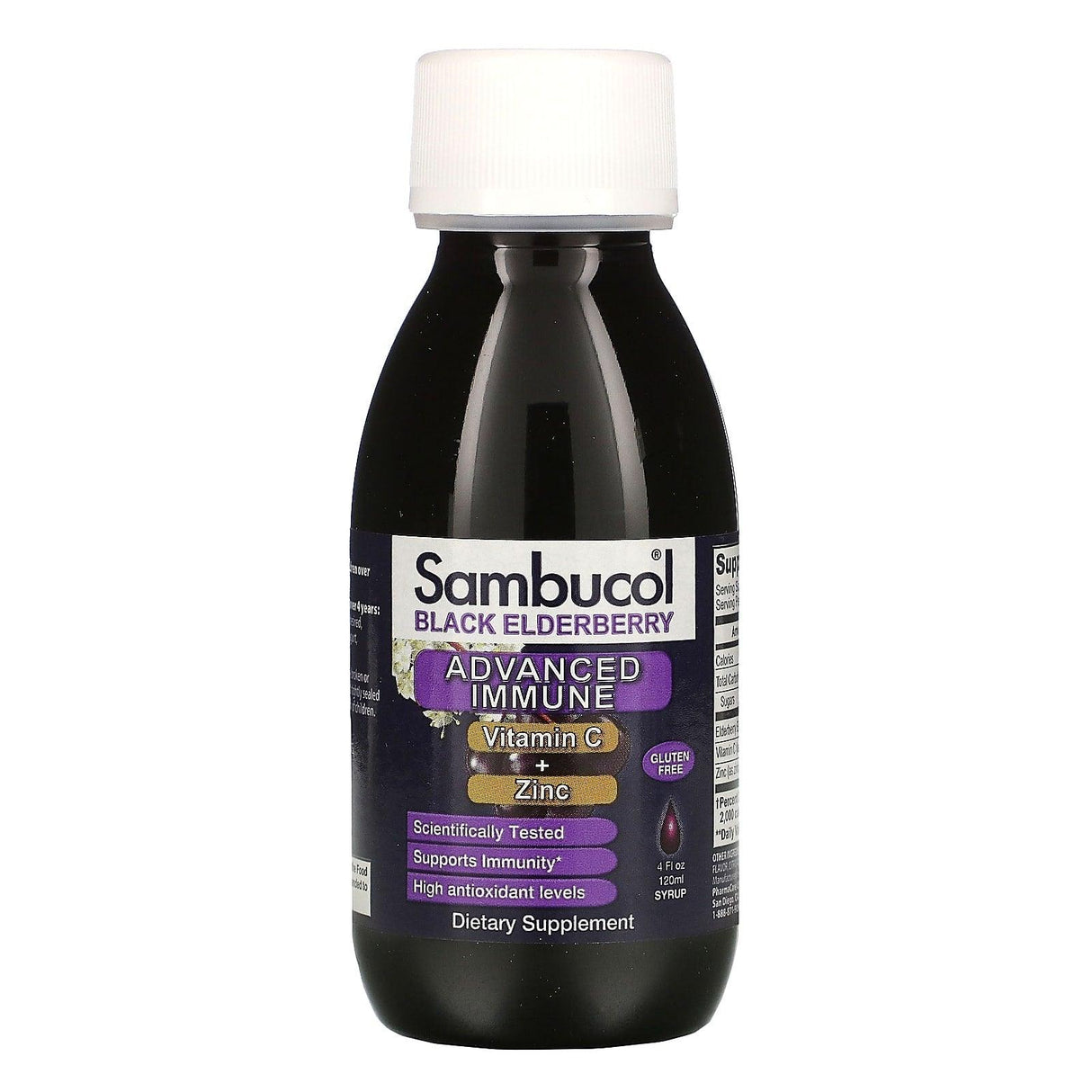 Sambucol, Black Elderberry Syrup, Advanced Immune, Vitamin C + Zinc, Natural Berry, 4 fl oz (120 ml) - Supply Center USA