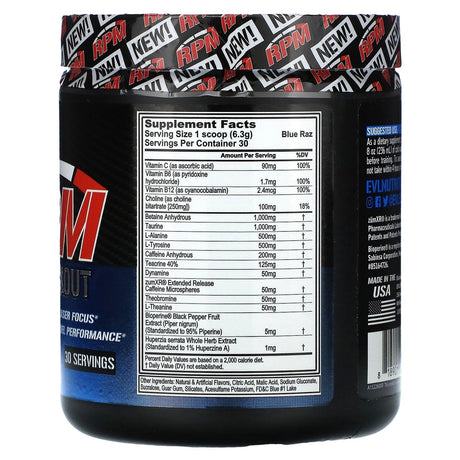 EVLution Nutrition, RPM, Pre-Workout, Blue Raz, 6.67 oz (189 g) - Supply Center USA