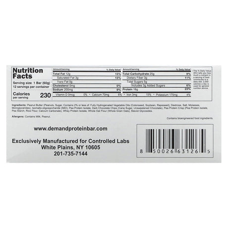 Controlled Labs, Demand Bar, Chocolate Chip, Peanut Butter Cookie Dough, 12 Bars, 2.12 oz (60 g) Each - Supply Center USA