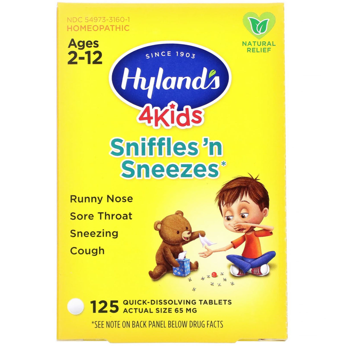 Hyland's, 4 Kids, Sniffles 'n Sneezes, Ages 2-12, 125 Quick-Dissolving Tablets
