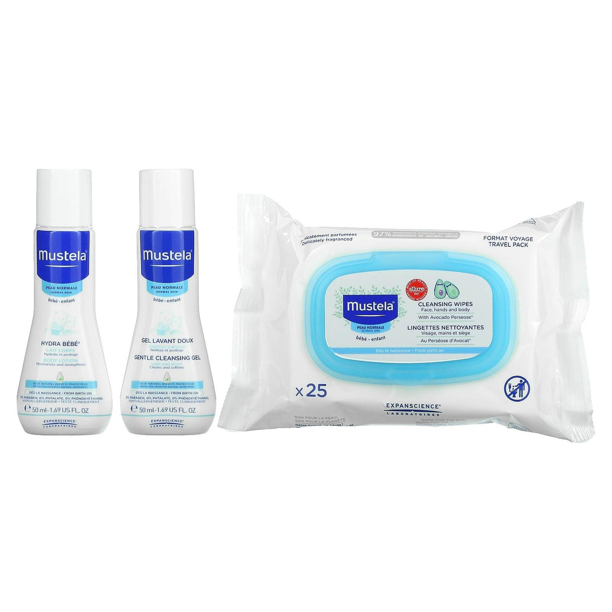 Mustela, Bebe On The Go, Skincare Travel Set, 3 Piece Set - Supply Center USA