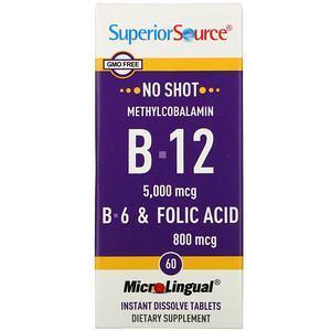 Superior Source, No Shot, Methylcobalamin B-12, B-6 & Folic Acid, 5,000 mcg/800 mcg, 60 MicroLingual Instant Dissolve Tablets - Supply Center USA