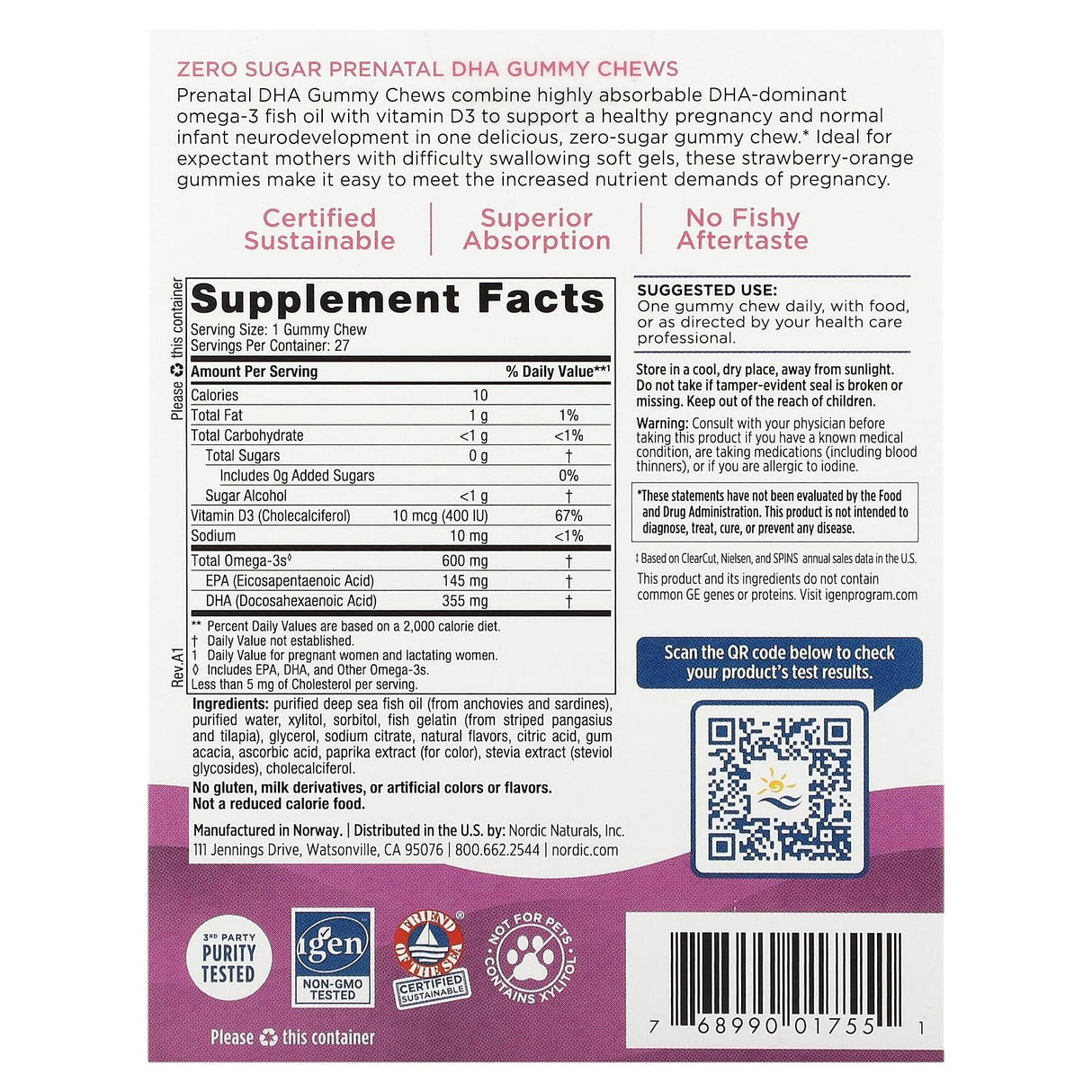 Nordic Naturals, Zero Sugar Prenatal DHA, Strawberry Orange, 27 Gummy Chews - Supply Center USA