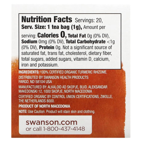 Swanson, 100% Organic Turmeric Tea, Caffeine-Free, 20 Tea Bags, 0.7 oz (20 g) - Supply Center USA