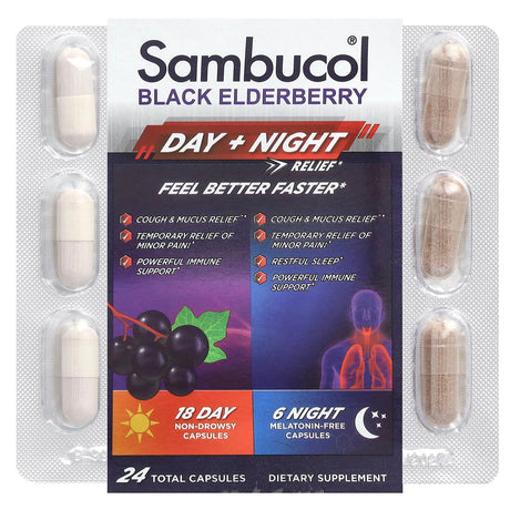 Sambucol, Black Elderberry, Day + Night Relief , 24 Capsules - Supply Center USA