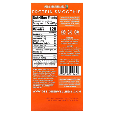 Designer Wellness, Protein Smoothie, Tropical Fruit, 12 Pack, 4.2 oz (120 g) - Supply Center USA