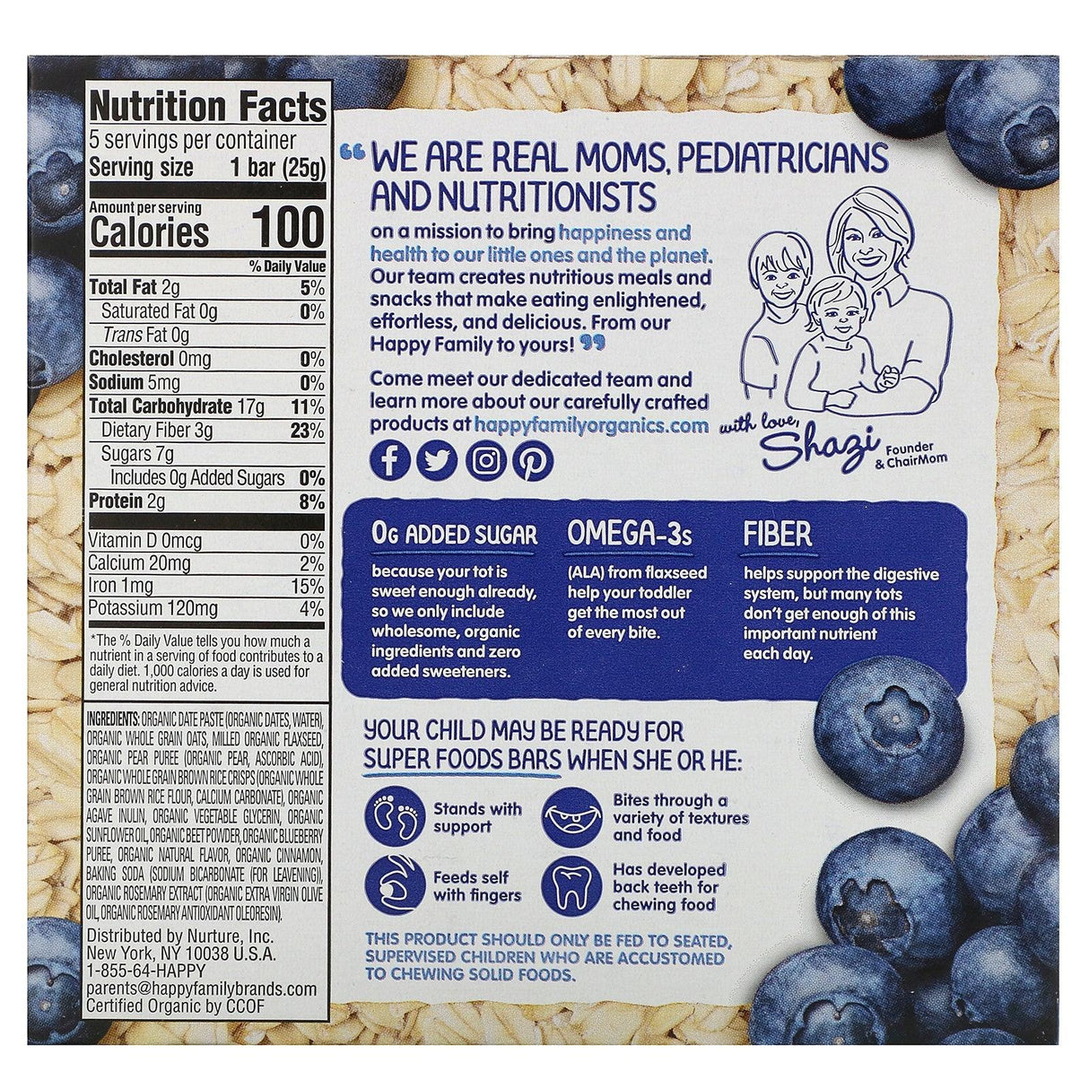 Happy Family Organics, Happy Tot, Superfoods, Gluten Free Oat Bar, Organic Blueberries & Oatmeal, 5 Bars, 0.88 oz (25 g) Each - Supply Center USA