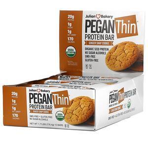 Julian Bakery, Pegan Thin Protein Bar, Ginger Snap Cookie, 12 Bars, 2.28 oz (64.7 g) Each - Supply Center USA