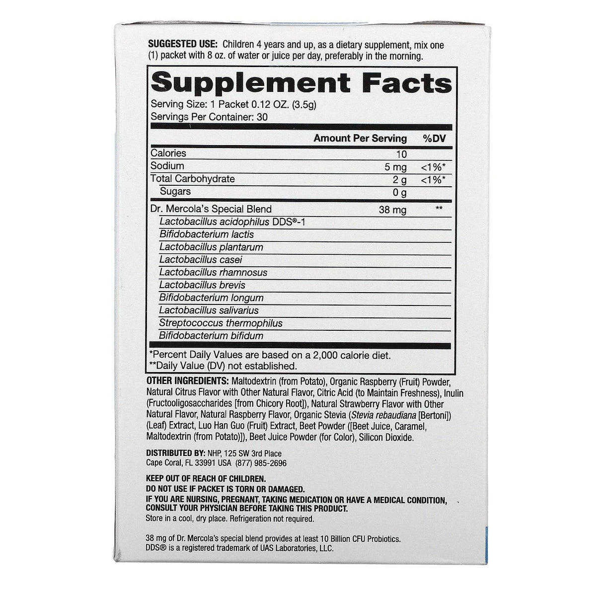 Dr. Mercola, Complete Probiotics Powder Packets for Kids, Natural Raspberry , 10 Billion CFU, 30 Packets, 0.12 oz (3.5 g) Each - Supply Center USA