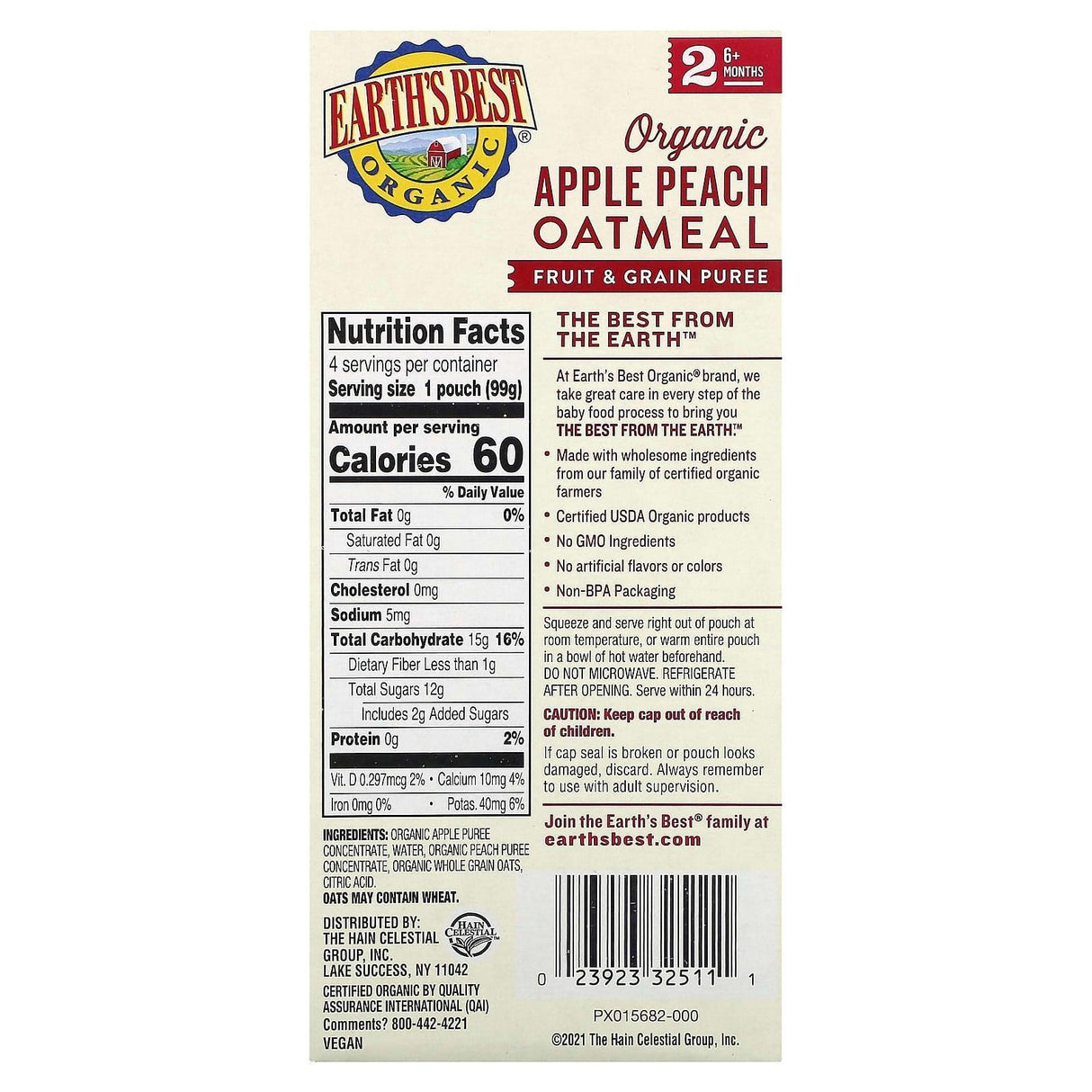 Earth's Best, Organic Fruit & Grain Puree, 6+ Months, Apple, Peach, Oatmeal, 4 Pouches, 3.5 oz (99 g) Each - Supply Center USA